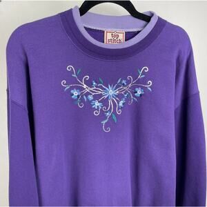 Vintage Top Stitch Sweatshirt Embroidered Floral Granny Sweater Purple Womens L